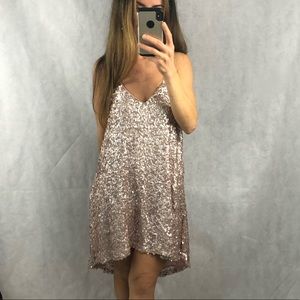 NSR golden pink sequins asymmetrical short dress